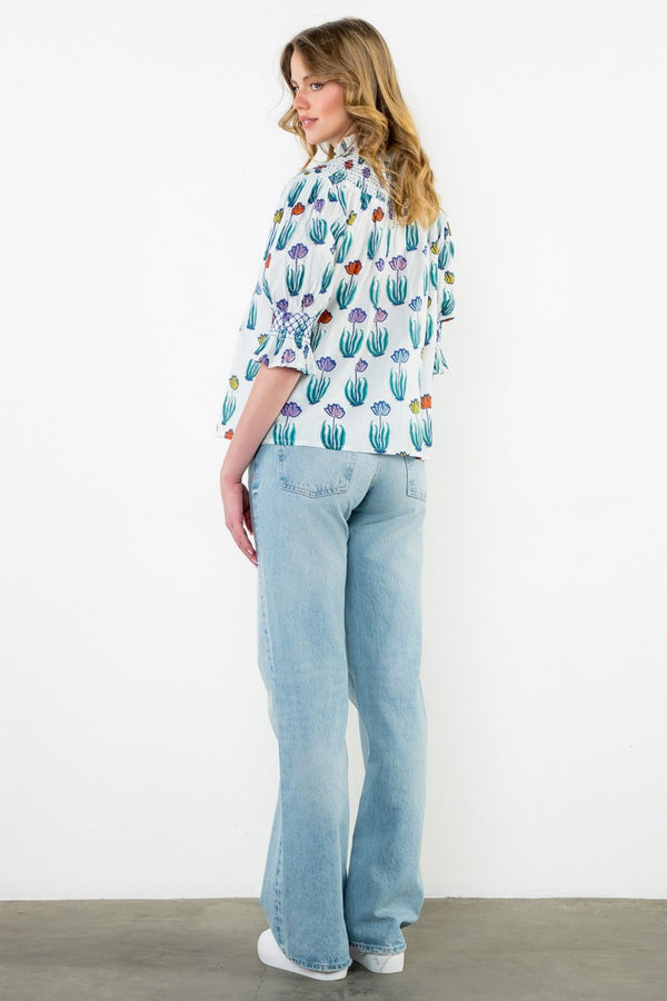 Smocked Neck Puff Sleeve Floral Top- Cream