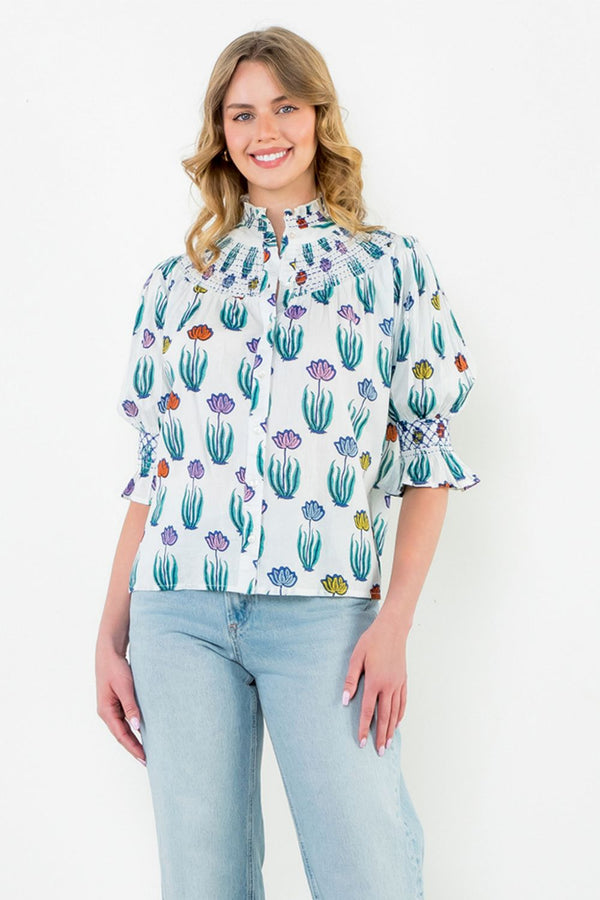 Smocked Neck Puff Sleeve Floral Top- Cream