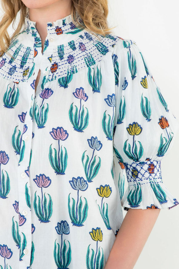 Smocked Neck Puff Sleeve Floral Top- Cream