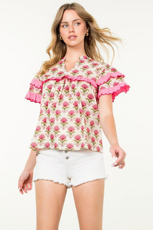 Floral Print Scallop Ruffle Top- Beige