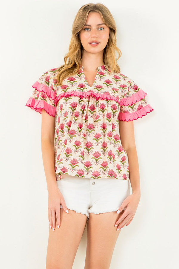 Floral Print Scallop Ruffle Top- Beige