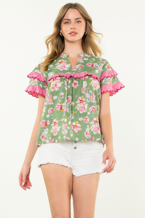 Ruffle Trim Floral Short Sleeve Top- Sage