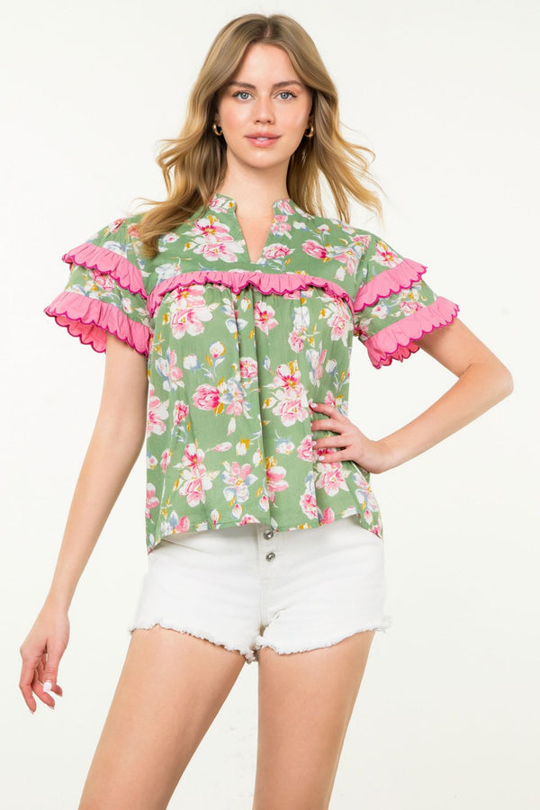 Ruffle Trim Floral Short Sleeve Top- Sage