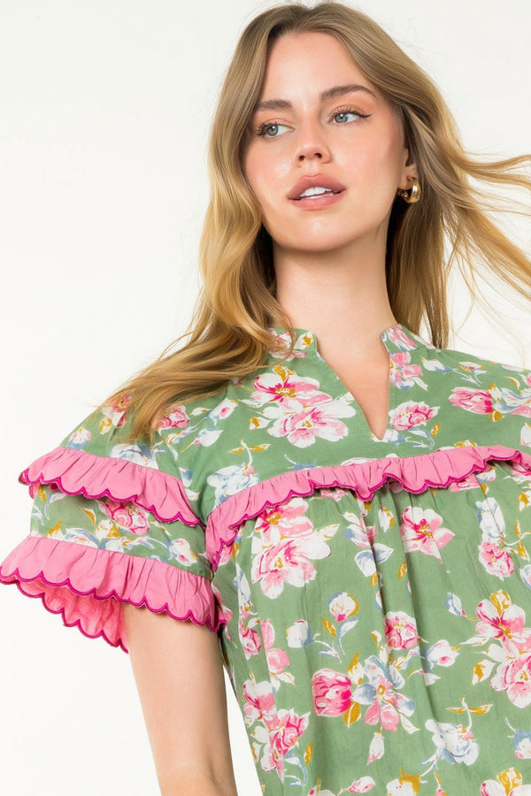 Ruffle Trim Floral Short Sleeve Top- Sage