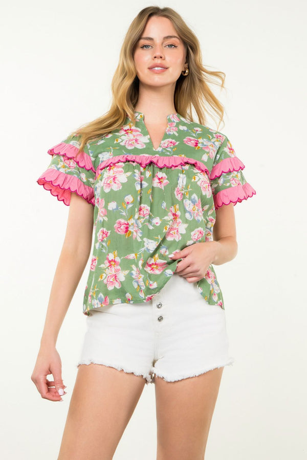 Ruffle Trim Floral Short Sleeve Top- Sage