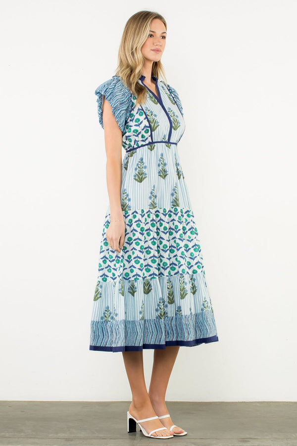 Striped Flutter Sleeve Floral Maxi Dress- Blue