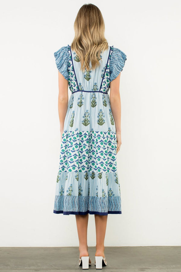 Striped Flutter Sleeve Floral Maxi Dress- Blue
