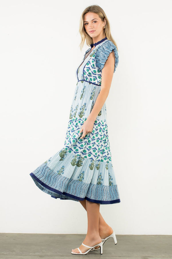 Striped Flutter Sleeve Floral Maxi Dress- Blue