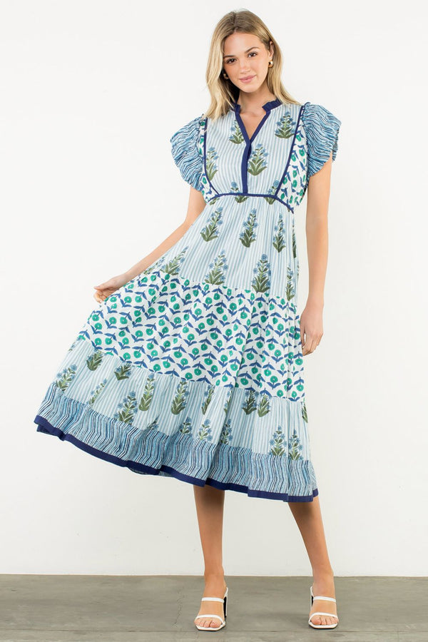 Striped Flutter Sleeve Floral Maxi Dress- Blue