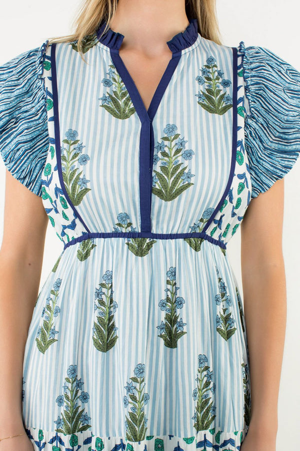 Striped Flutter Sleeve Floral Maxi Dress- Blue