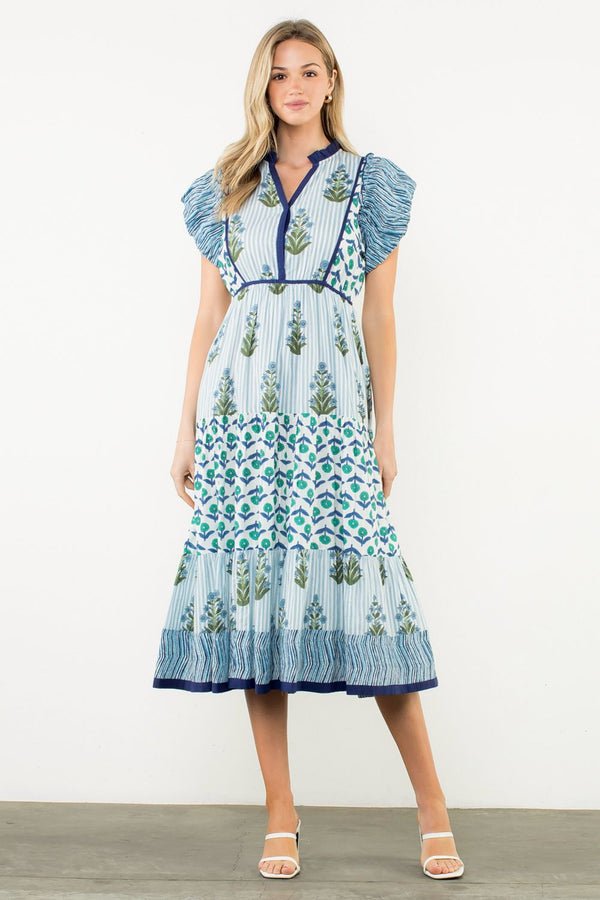 Striped Flutter Sleeve Floral Maxi Dress- Blue