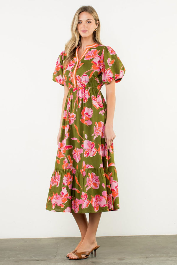 Puff Sleeve Floral Midi Dress- Olive
