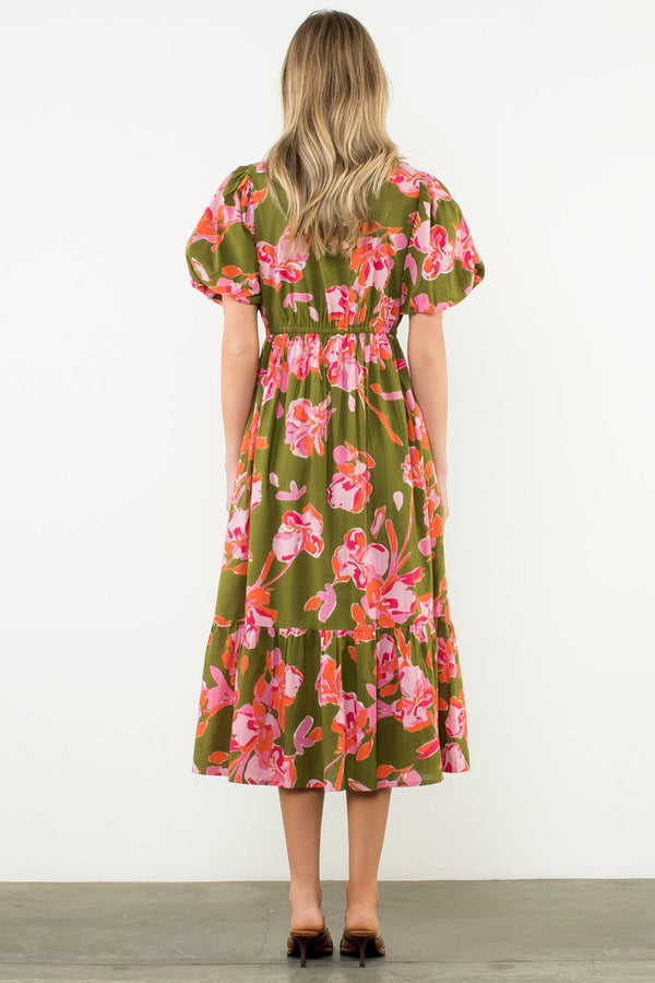 Puff Sleeve Floral Midi Dress- Olive