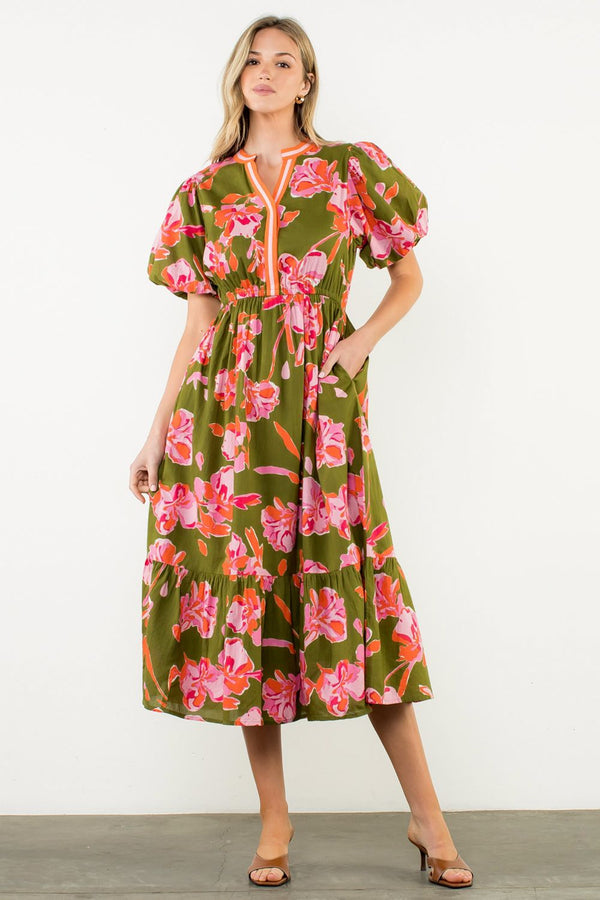 Puff Sleeve Floral Midi Dress- Olive