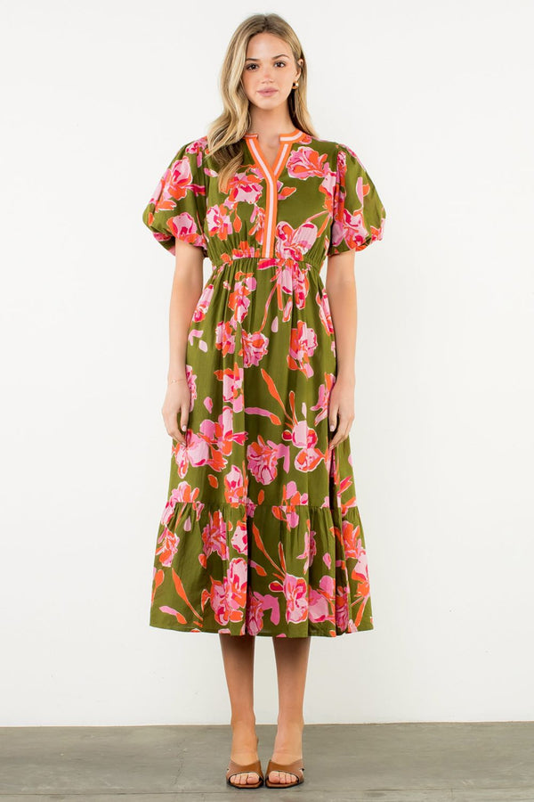 Puff Sleeve Floral Midi Dress- Olive