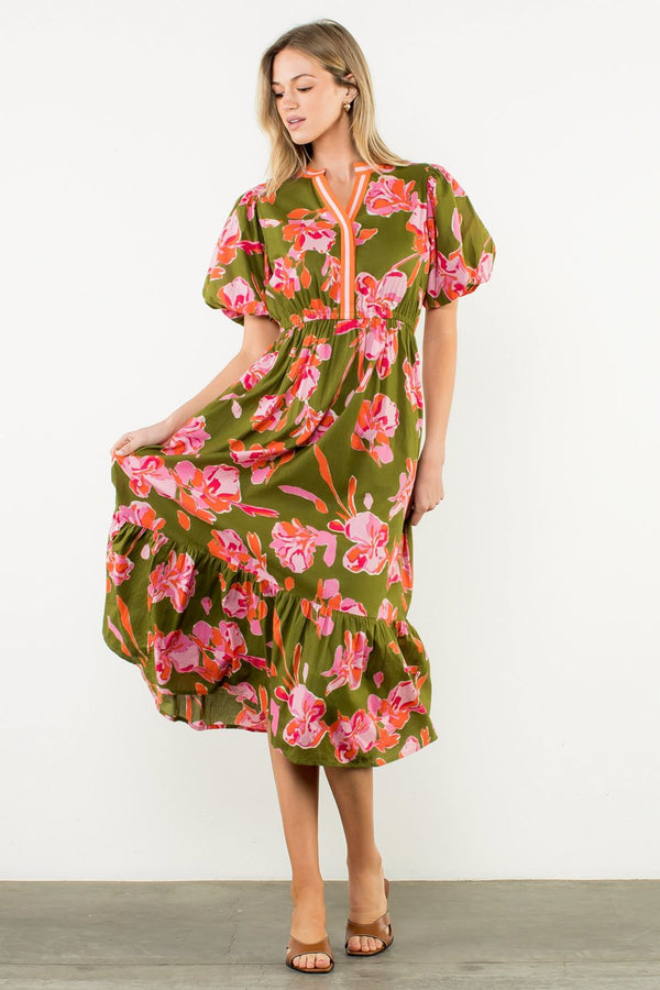 Puff Sleeve Floral Midi Dress- Olive