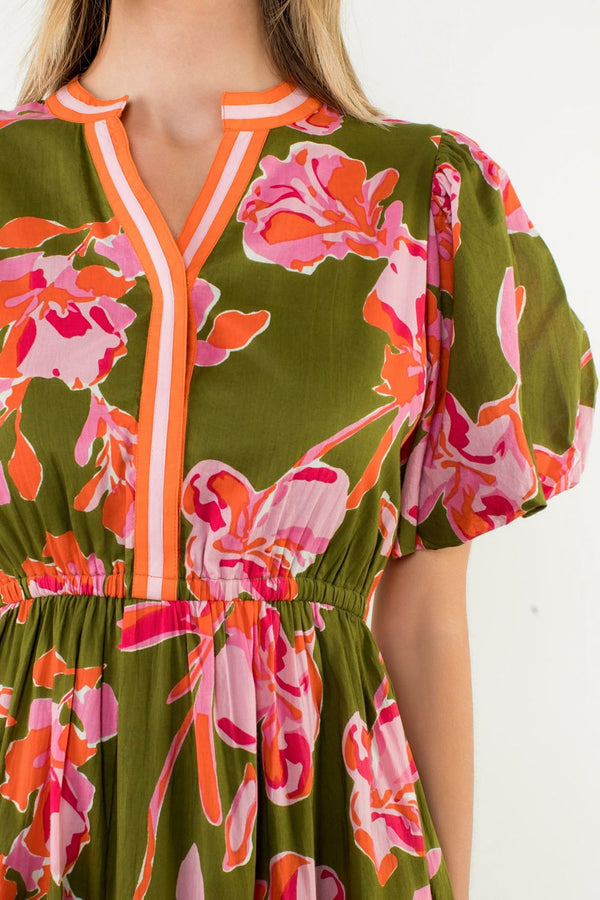 Puff Sleeve Floral Midi Dress- Olive
