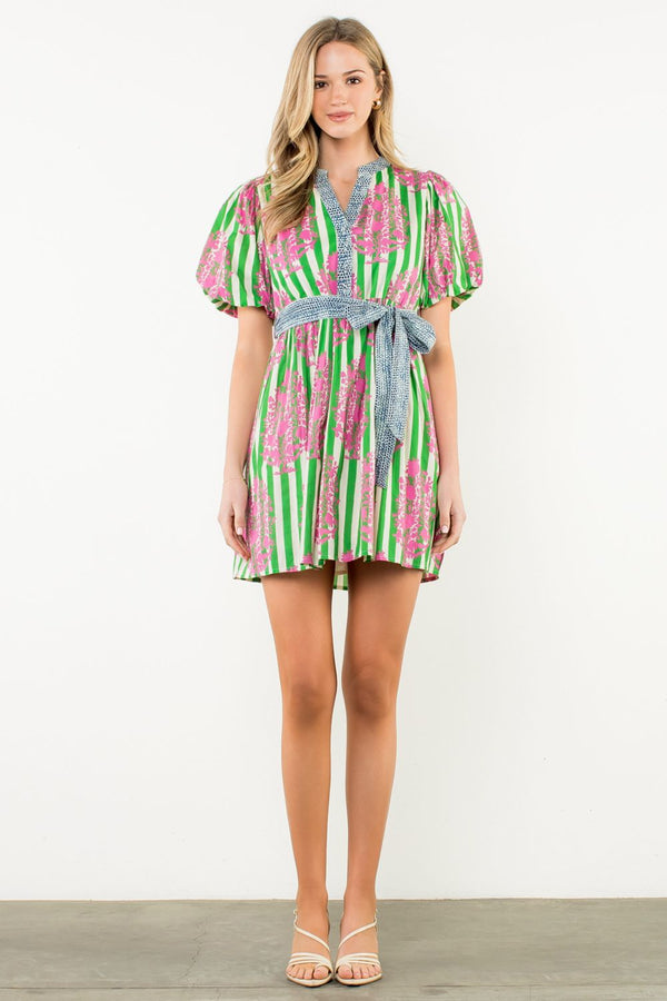 Tie Waist Puff Sleeve Print Dress- Green