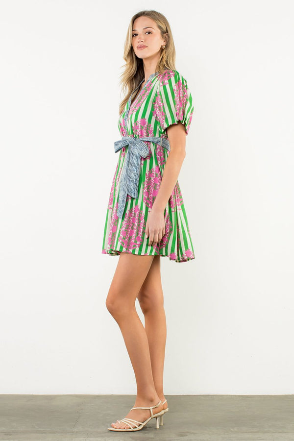 Tie Waist Puff Sleeve Print Dress- Green