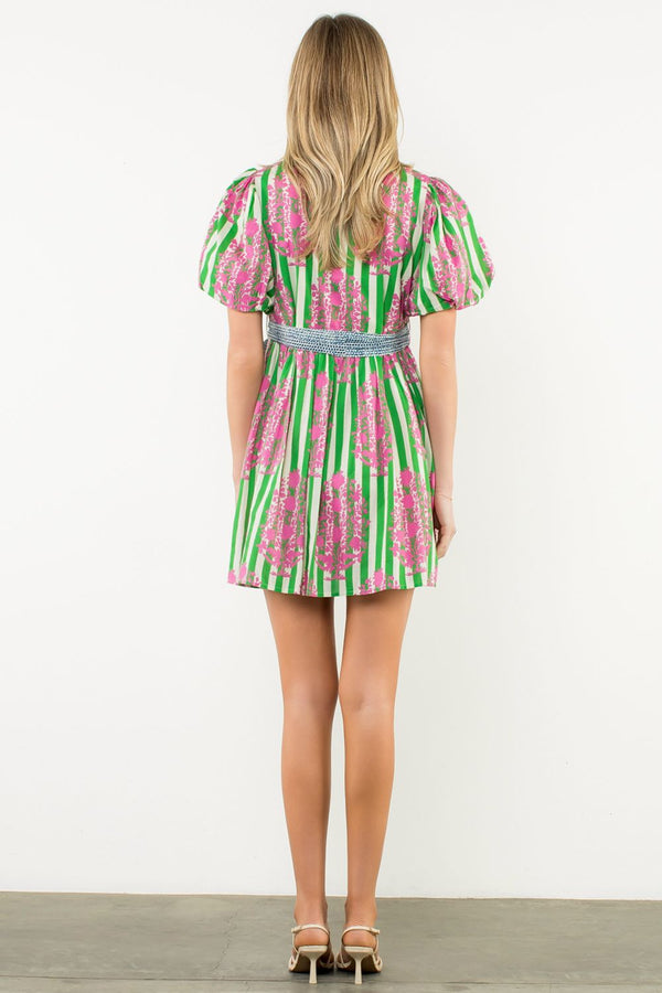 Tie Waist Puff Sleeve Print Dress- Green