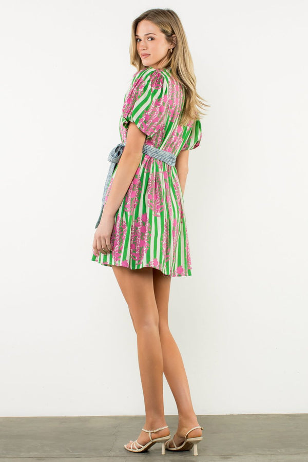 Tie Waist Puff Sleeve Print Dress- Green