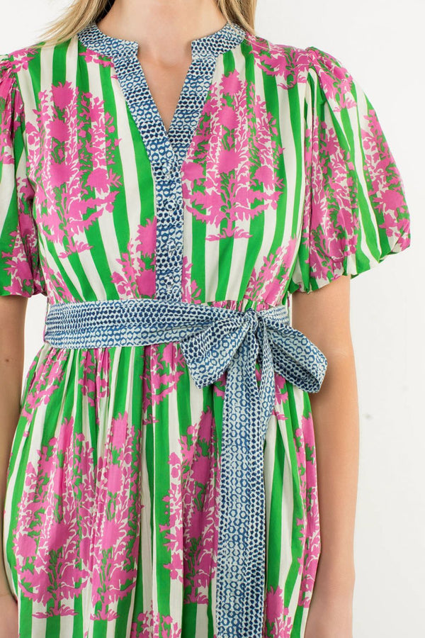 Tie Waist Puff Sleeve Print Dress- Green