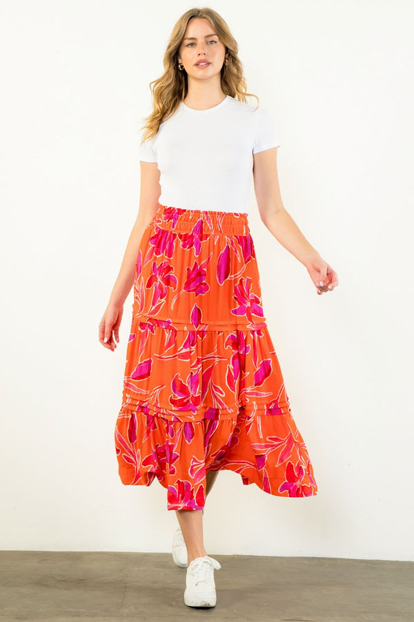 Floral Print Tiered Elastic Waist Skirt