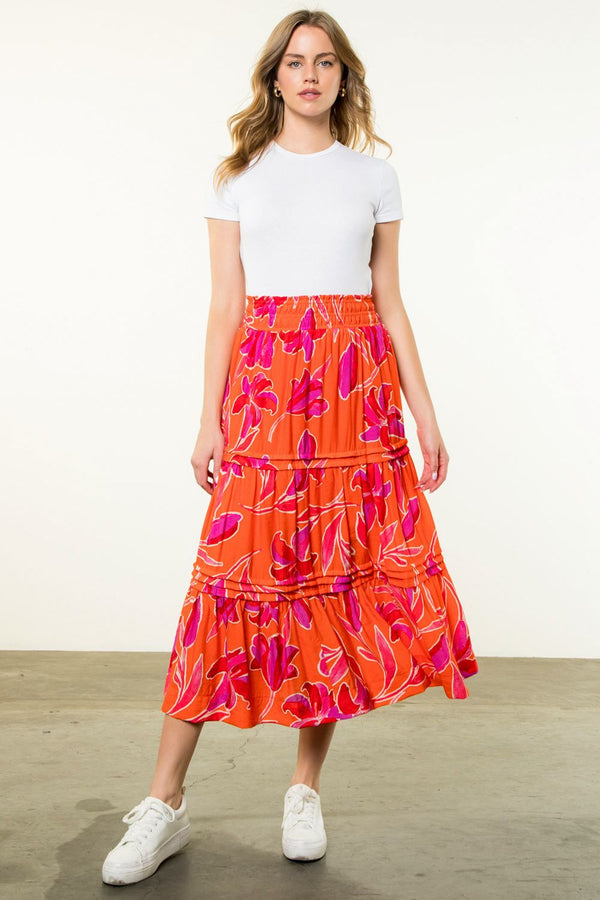 Floral Print Tiered Elastic Waist Skirt