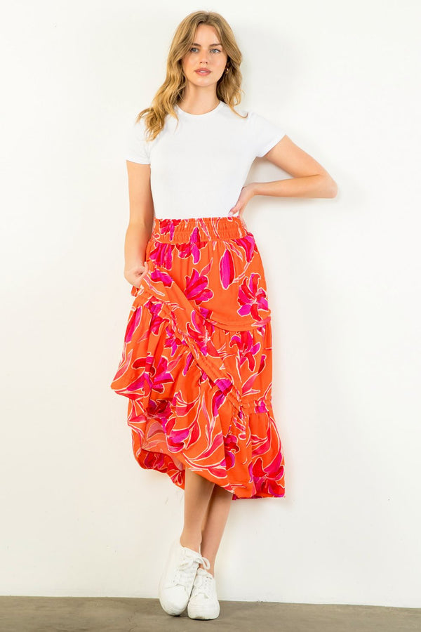 Floral Print Tiered Elastic Waist Skirt