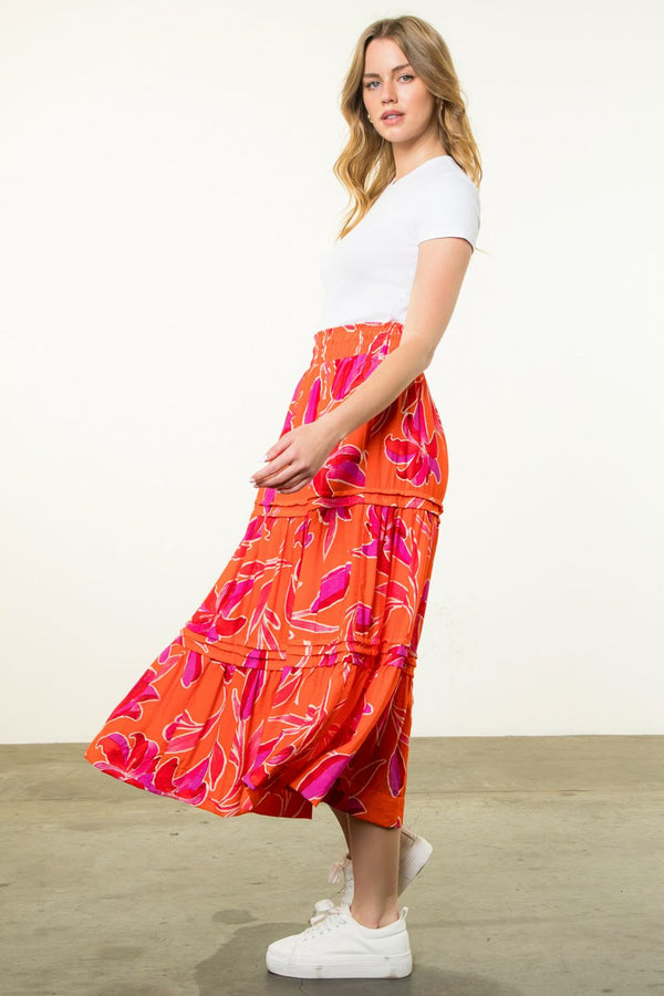 Floral Print Tiered Elastic Waist Skirt