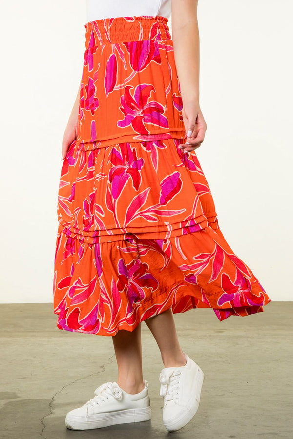 Floral Print Tiered Elastic Waist Skirt