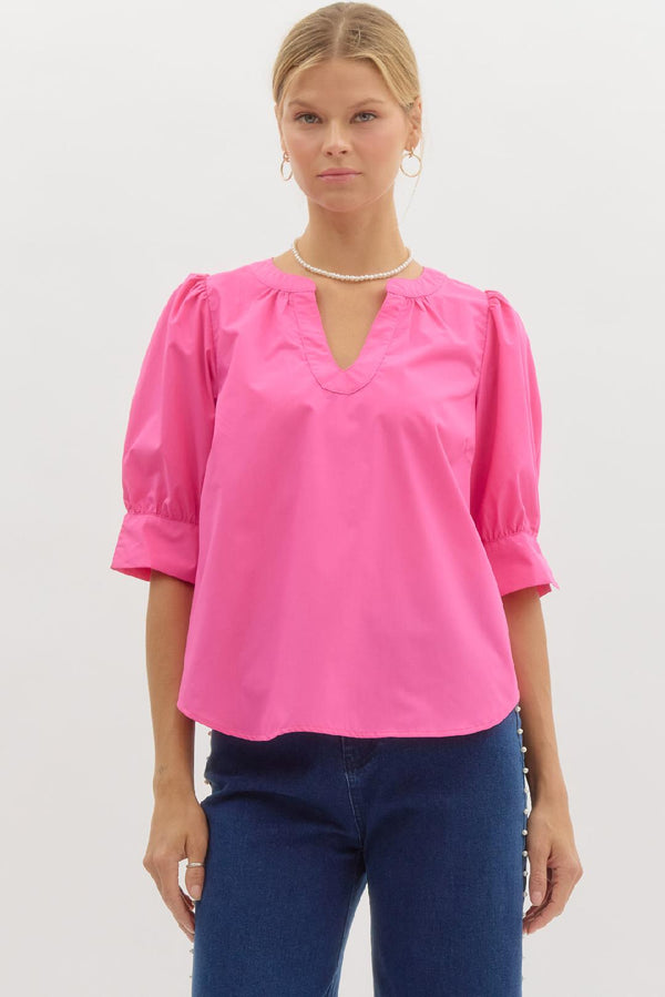 Band Collar Slit Neck Top- Fuchsia