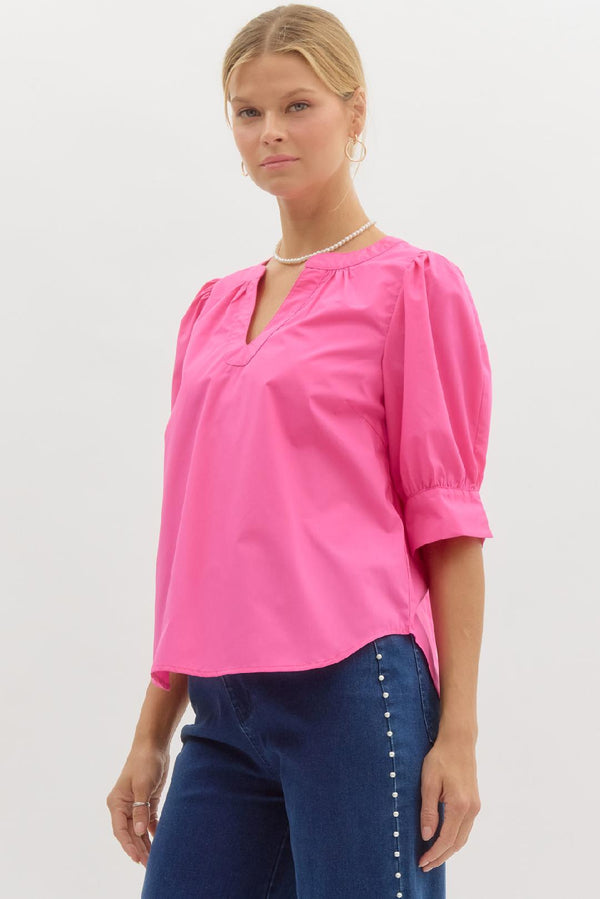 Band Collar Slit Neck Top- Fuchsia