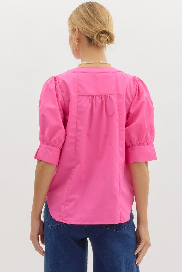 Band Collar Slit Neck Top- Fuchsia