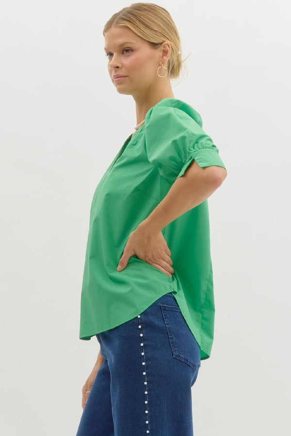 Band Collar Slit Neck Top- Green