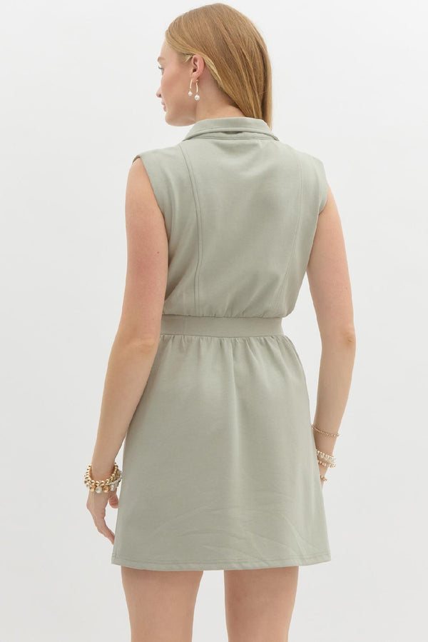 Sleeveless Zip-Up Knit Dress- Sage