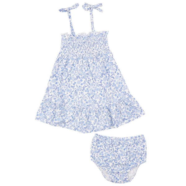 Tie Strap Smocked Sun Dresss Diaper Cover- Blue Calico Floral