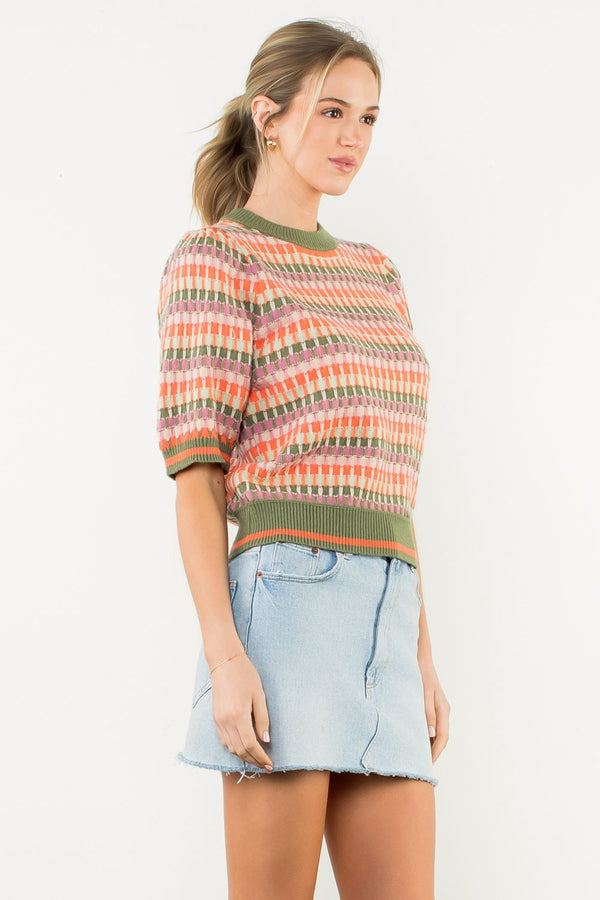 Short Sleeve Multi Color Knit Top- Olive