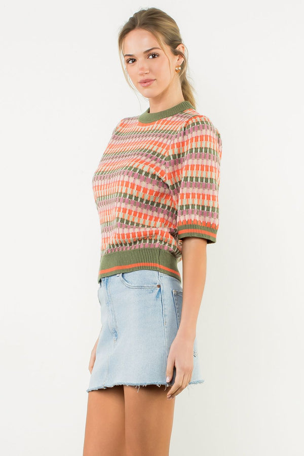 Short Sleeve Multi Color Knit Top- Olive