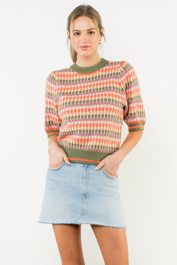 Short Sleeve Multi Color Knit Top- Olive
