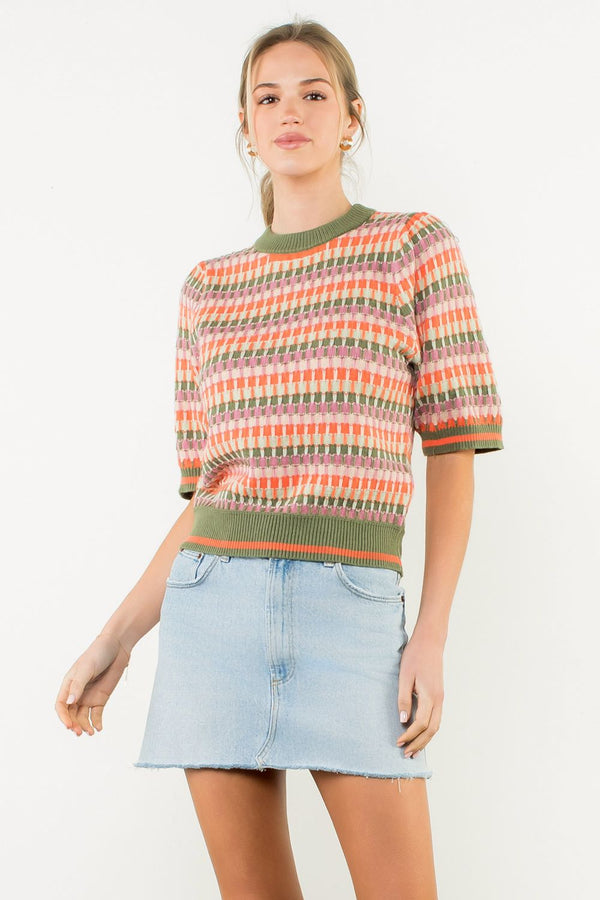 Short Sleeve Multi Color Knit Top- Olive