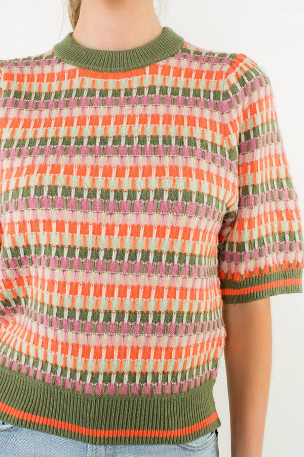 Short Sleeve Multi Color Knit Top- Olive