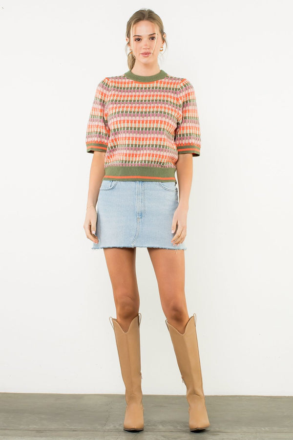 Short Sleeve Multi Color Knit Top- Olive