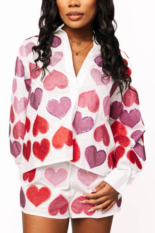 Rhinestone Hearts Button Up Cotton Top- (Women's)