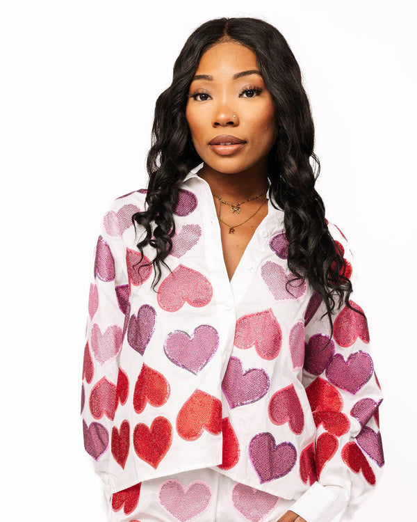 Rhinestone Hearts Button Up Cotton Top- (Women's)