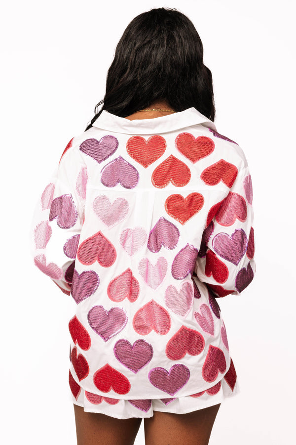 Rhinestone Hearts Button Up Cotton Top- (Women's)