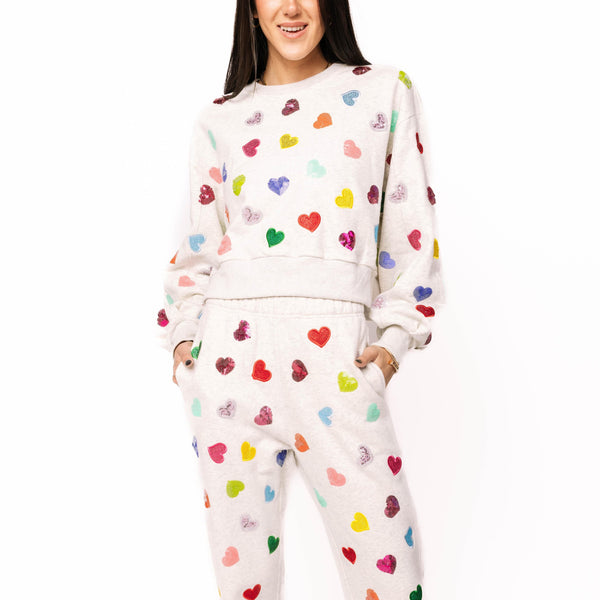 Multi Rhinestone Heart Sweatshirt- (Women's)