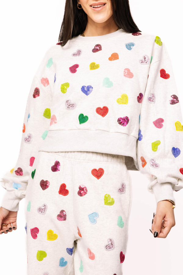 Multi Rhinestone Heart Sweatshirt- (Women's)