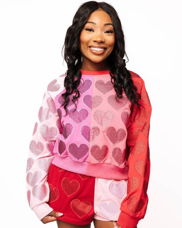 Colorblock Rhinestone Hearts Sweatshirt- (Women's)