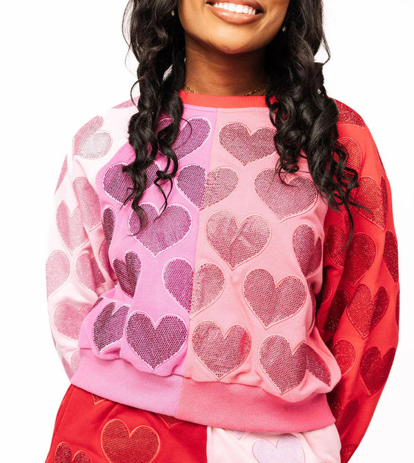 Colorblock Rhinestone Hearts Sweatshirt- (Women's)